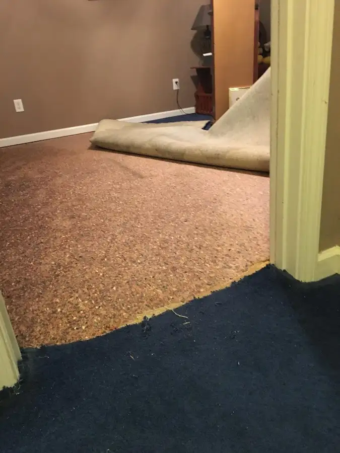 Carpet pad removal revealing water damage during Water Mitigation Services in Bear Creek